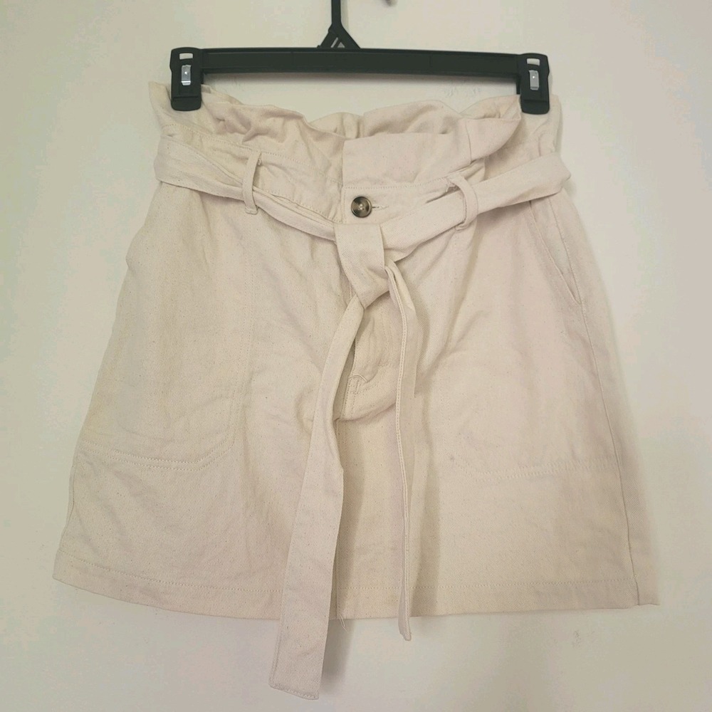 Shinestar Sz L Paperbag Waist Mini Skirt Cream 100%Cotton Utility Belted Women's